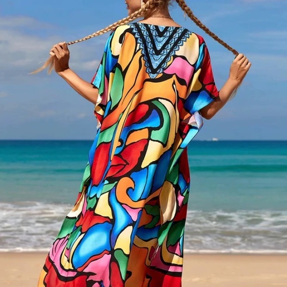 HOST PIC MAXI KAFTAN DRESS BEACH KIMONO ROBE VIBRANT MULTI PRINT OS - Picture 5 of 10